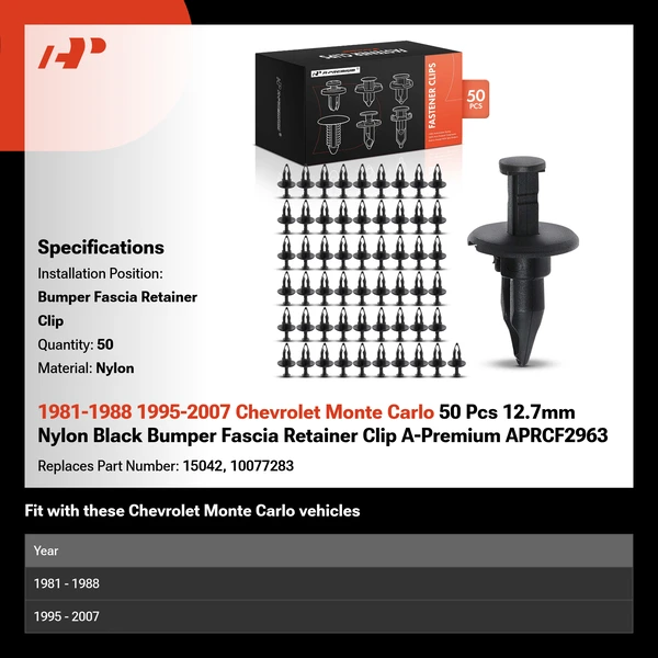 1981-1988 1995-2007 Chevrolet Monte Carlo 50 Pcs 12.7mm Nylon Black Bumper Fascia Retainer Clip A-Premium APRCF2963