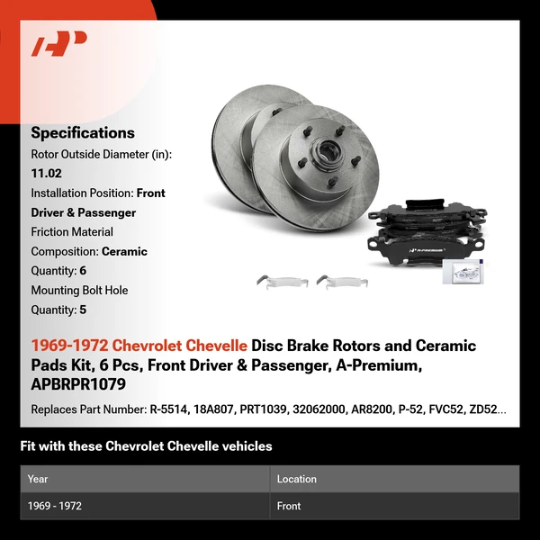 1969-1972 Chevrolet Chevelle Disc Brake Rotors and Ceramic Pads Kit, 6 Pcs, Front Driver & Passenger, A-Premium, APBRPR1079