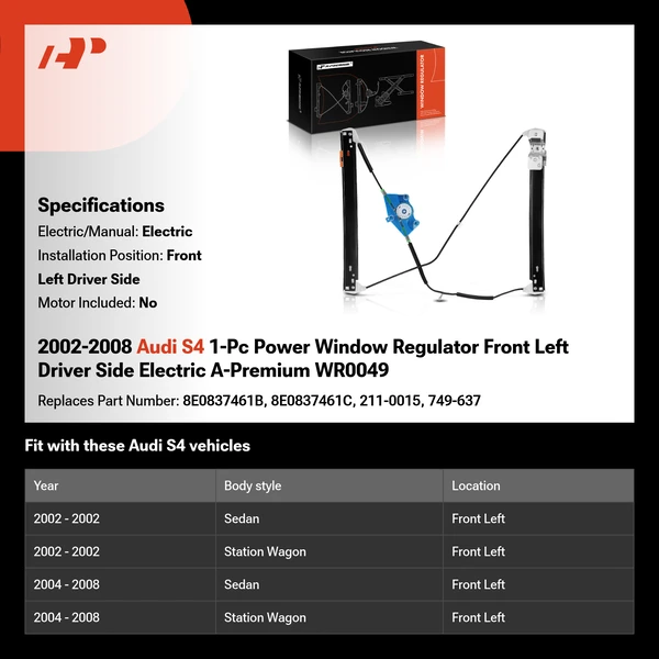 2002-2008 Audi S4 1-Pc Power Window Regulator Front Left Driver Side Electric A-Premium WR0049