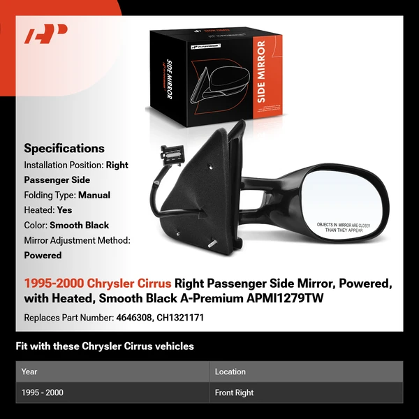 1995-2000 Chrysler Cirrus Right Passenger Side Mirror, Powered, with Heated, Smooth Black A-Premium APMI1279TW