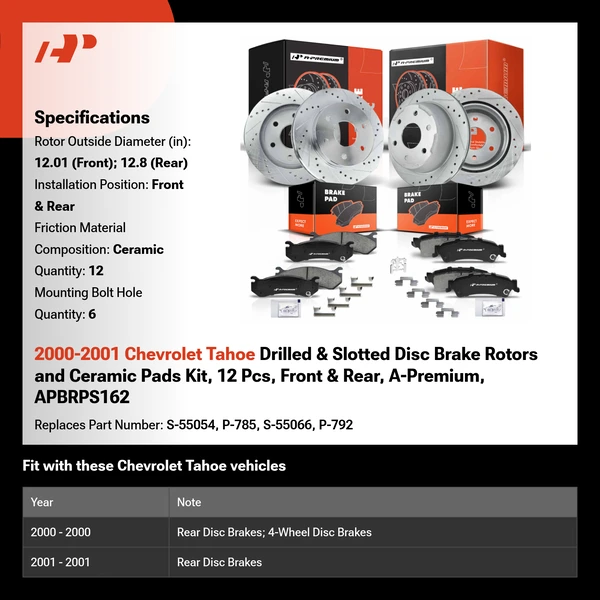 2000-2001 Chevrolet Tahoe Drilled & Slotted Disc Brake Rotors and Ceramic Pads Kit, 12 Pcs, Front & Rear, A-Premium, APBRPS162