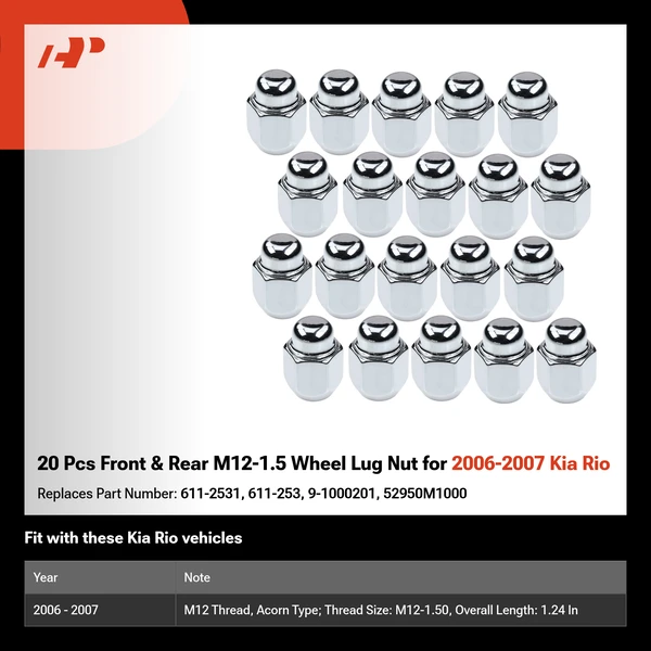 20 Pcs Front & Rear M12-1.5 Wheel Lug Nut for 2006-2007 Kia Rio
