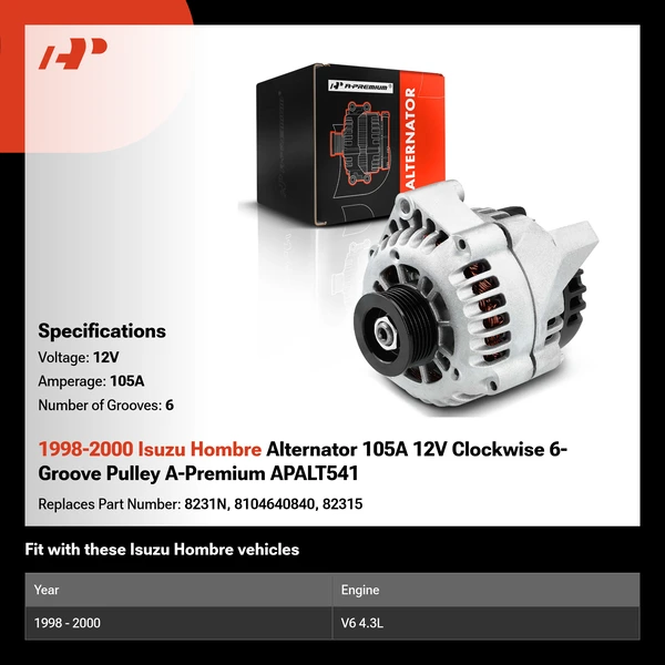 1998-2000 Isuzu Hombre Alternator 105A 12V Clockwise 6-Groove Pulley A-Premium APALT541