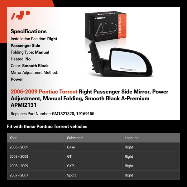 2006-2009 Pontiac Torrent Right Passenger Side Mirror, Power Adjustment, Manual Folding, Smooth Black A-Premium APMI2131