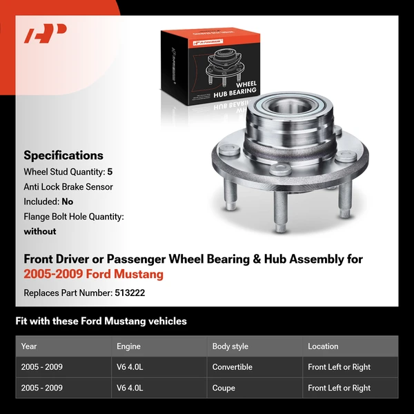 Front Driver or Passenger Wheel Bearing & Hub Assembly for 2005-2009 Ford Mustang