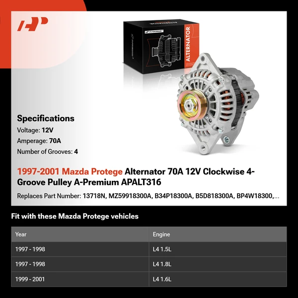 1997-2001 Mazda Protege Alternator 70A 12V Clockwise 4-Groove Pulley A-Premium APALT316