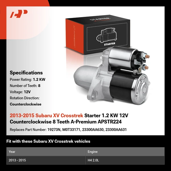 2013-2015 Subaru XV Crosstrek Starter 1.2 KW 12V Counterclockwise 8 Teeth A-Premium APSTR224