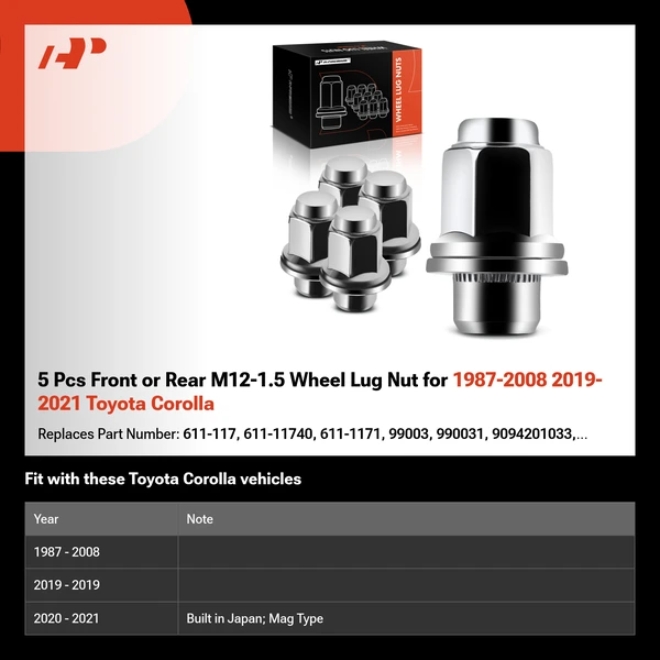 5 Pcs Front or Rear M12-1.5 Wheel Lug Nut for 1987-2008 2019-2021 Toyota Corolla