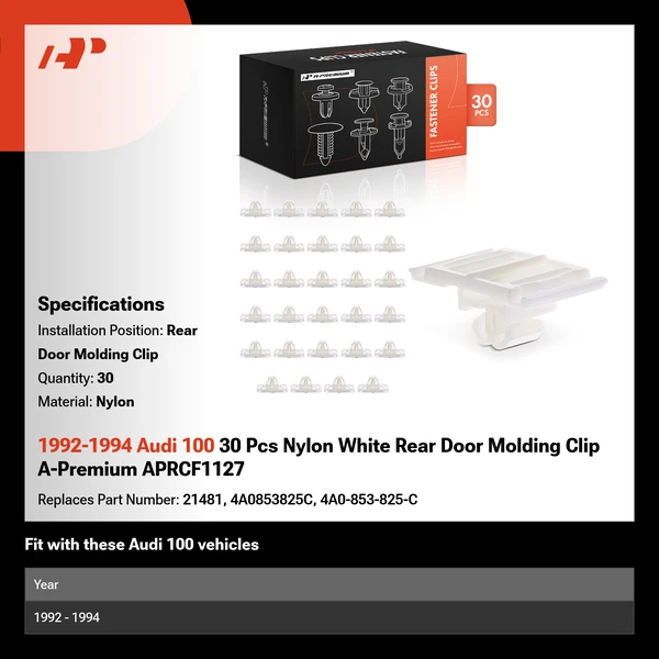 1992-1994 Audi 100 30 Pcs Nylon White Rear Door Molding Clip A-Premium APRCF1127