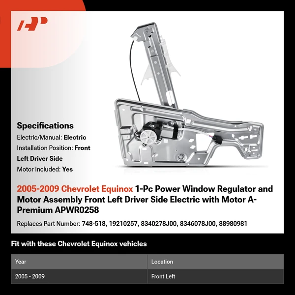 2005-2009 Chevrolet Equinox 1-Pc Power Window Regulator and Motor Assembly Front Left Driver Side Electric with Motor A-Premium APWR0258