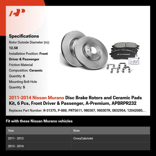 2011-2014 Nissan Murano Disc Brake Rotors and Ceramic Pads Kit, 6 Pcs, Front Driver & Passenger, A-Premium, APBRPR232