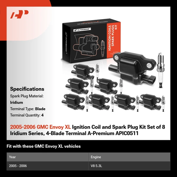 2005-2006 GMC Envoy XL Ignition Coil and Spark Plug Kit Set of 8 Iridium Series, 4-Blade Terminal A-Premium APIC0511