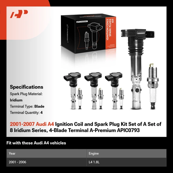 2001-2007 Audi A4 Ignition Coil and Spark Plug Kit Set of A Set of 8 Iridium Series, 4-Blade Terminal A-Premium APIC0793