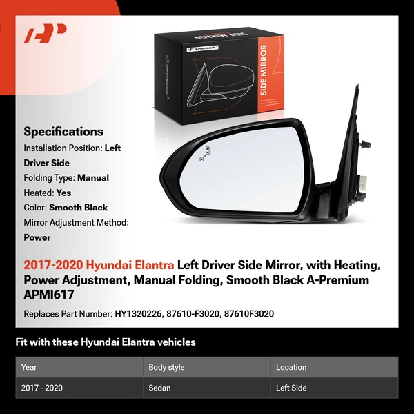 2017-2020 Hyundai Elantra Left Driver Side Mirror, with Heating, Power Adjustment, Manual Folding, Smooth Black A-Premium APMI617