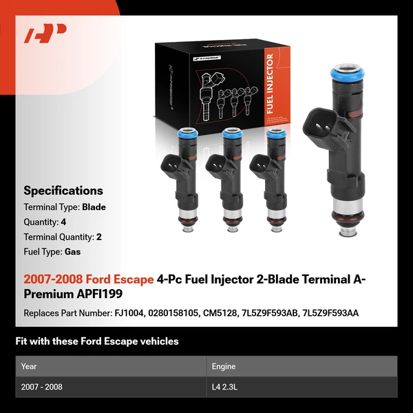 2007-2008 Ford Escape 4-Pc Fuel Injector 2-Blade Terminal A-Premium APFI199