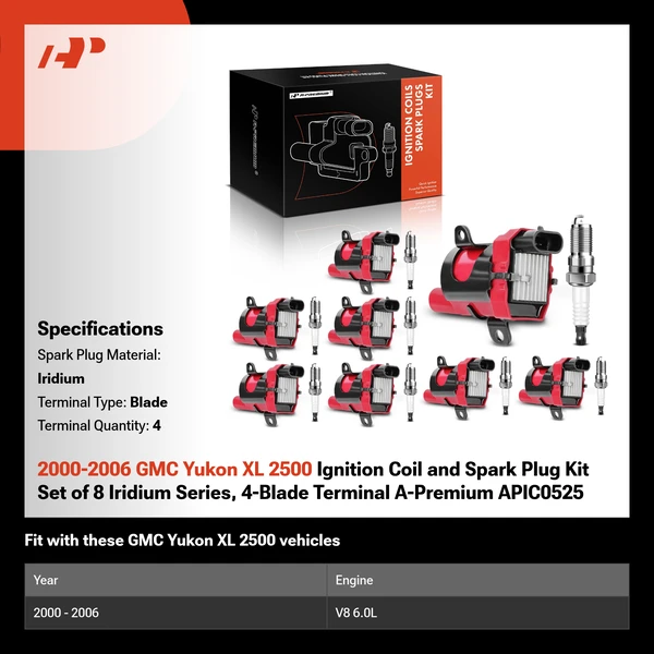 2000-2006 GMC Yukon XL 2500 Ignition Coil and Spark Plug Kit Set of 8 Iridium Series, 4-Blade Terminal A-Premium APIC0525