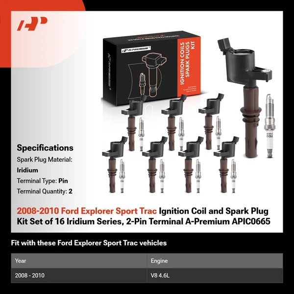 2008-2010 Ford Explorer Sport Trac Ignition Coil and Spark Plug Kit Set of 16 Iridium Series, 2-Pin Terminal A-Premium APIC0665
