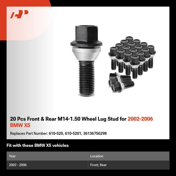 20 Pcs Front & Rear M14-1.50 Wheel Lug Stud for 2002-2006 BMW X5
