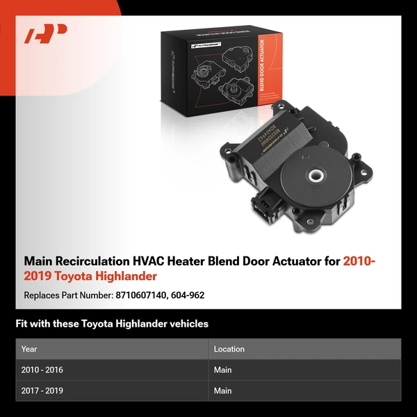 Main Recirculation HVAC Heater Blend Door Actuator for 2010-2019 Toyota Highlander