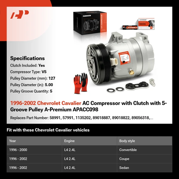 1996-2002 Chevrolet Cavalier AC Compressor with Clutch with 5-Groove Pulley A-Premium APACC098