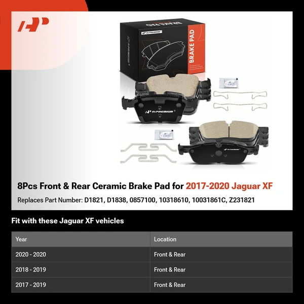 8Pcs Front & Rear Ceramic Brake Pad for 2017-2020 Jaguar XF