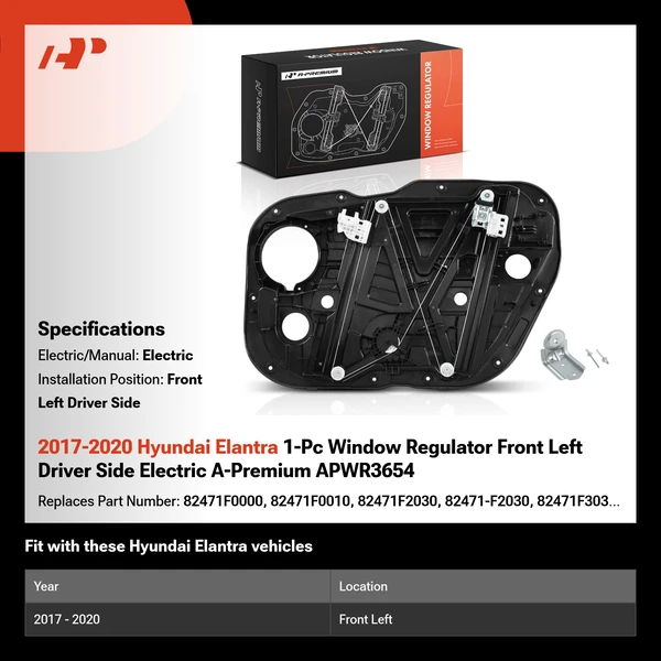 2017-2020 Hyundai Elantra 1-Pc Window Regulator Front Left Driver Side Electric A-Premium APWR3654
