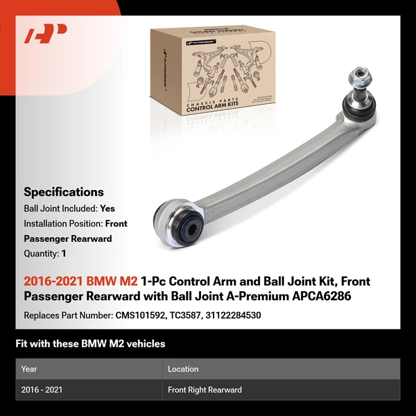 2016-2021 BMW M2 1-Pc Control Arm and Ball Joint Kit, Front Passenger Rearward with Ball Joint A-Premium APCA6286