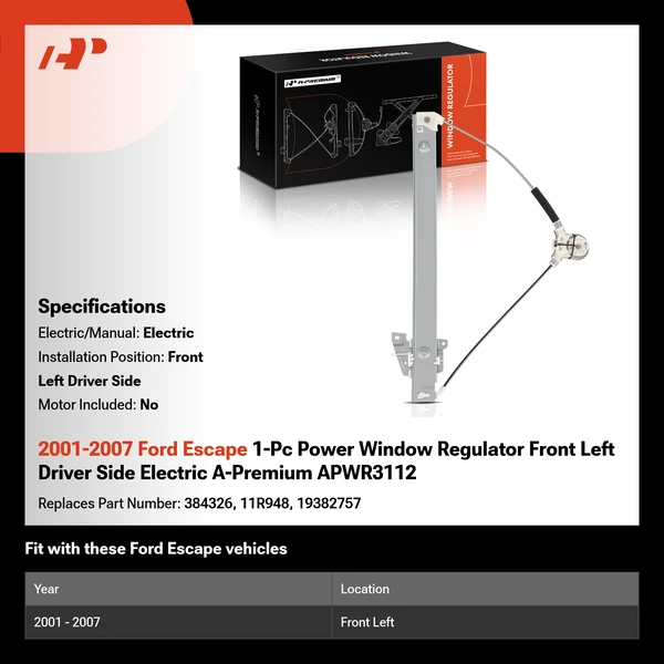 2001-2007 Ford Escape 1-Pc Power Window Regulator Front Left Driver Side Electric A-Premium APWR3112
