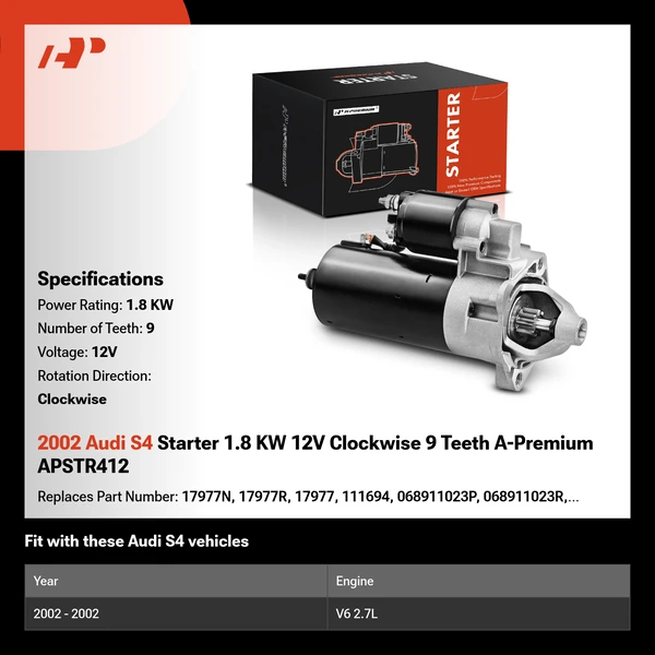 2002 Audi S4 Starter 1.8 KW 12V Clockwise 9 Teeth A-Premium APSTR412