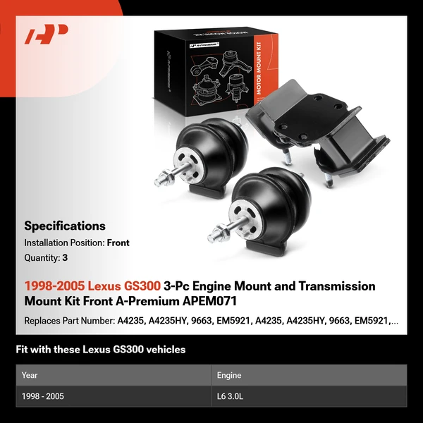 1998-2005 Lexus GS300 3-Pc Engine Mount and Transmission Mount Kit Front A-Premium APEM071