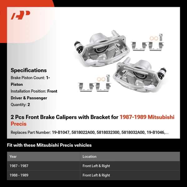 2 Pcs Front Brake Calipers with Bracket for 1987-1989 Mitsubishi Precis