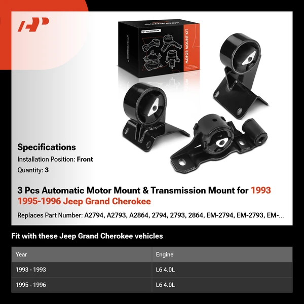 3 Pcs Automatic Motor Mount & Transmission Mount for 1993 1995-1996 Jeep Grand Cherokee