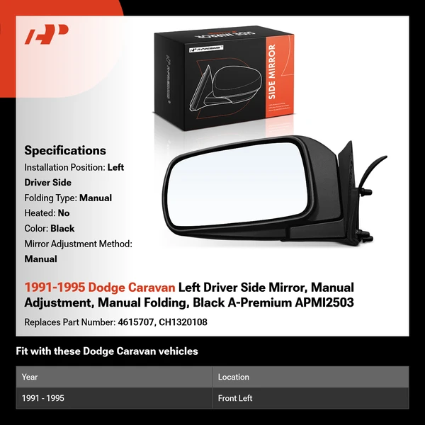 1991-1995 Dodge Caravan Left Driver Side Mirror, Manual Adjustment, Manual Folding, Black A-Premium APMI2503