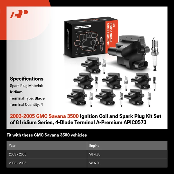 2003-2005 GMC Savana 3500 Ignition Coil and Spark Plug Kit Set of 8 Iridium Series, 4-Blade Terminal A-Premium APIC0573
