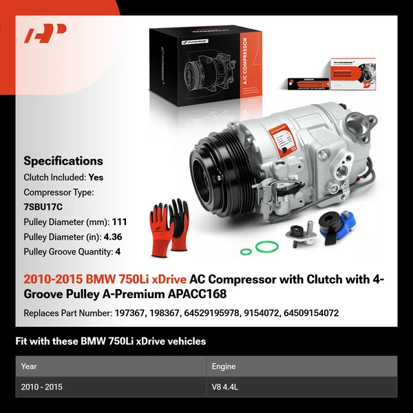 2010-2015 BMW 750Li xDrive AC Compressor with Clutch with 4-Groove Pulley A-Premium APACC168