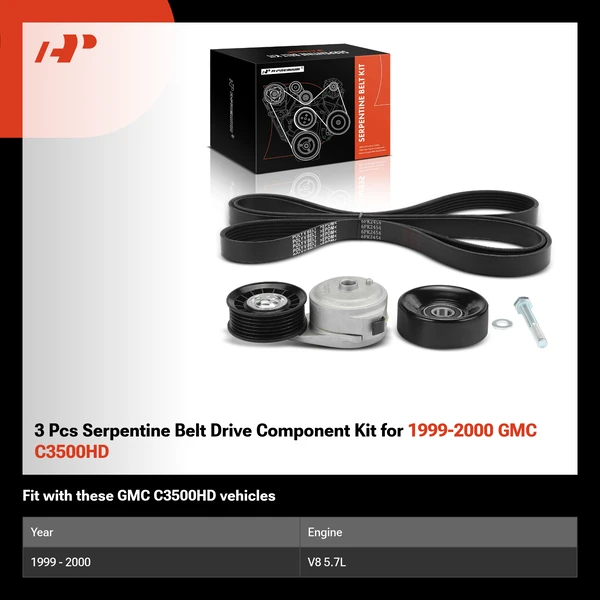 3 Pcs Serpentine Belt Drive Component Kit for 1999-2000 GMC C3500HD