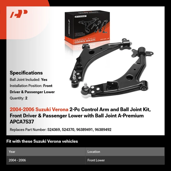 2004-2006 Suzuki Verona 2-Pc Control Arm and Ball Joint Kit, Front Driver & Passenger Lower with Ball Joint A-Premium APCA7537