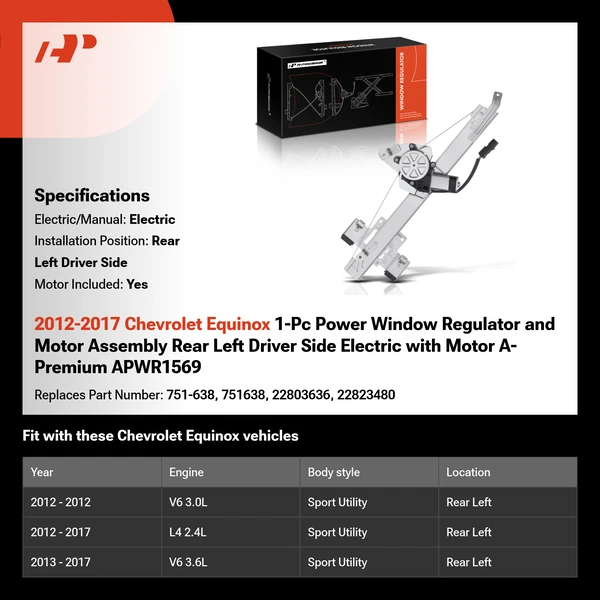 2012-2017 Chevrolet Equinox 1-Pc Power Window Regulator and Motor Assembly Rear Left Driver Side Electric with Motor A-Premium APWR1569