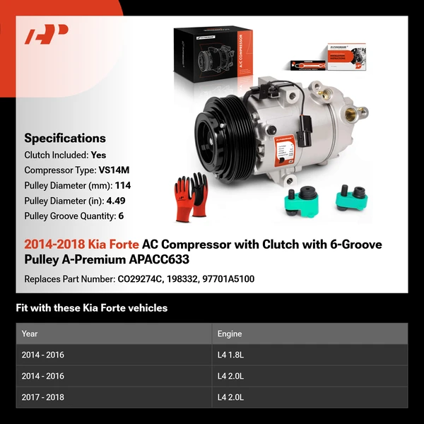 2014-2018 Kia Forte AC Compressor with Clutch with 6-Groove Pulley A-Premium APACC633