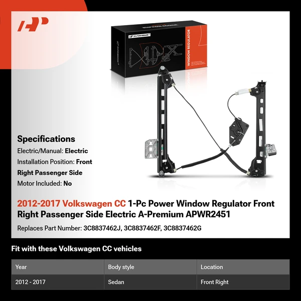 2012-2017 Volkswagen CC 1-Pc Power Window Regulator Front Right Passenger Side Electric A-Premium APWR2451
