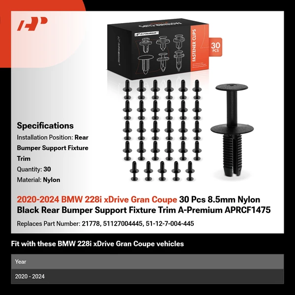 2020-2024 BMW 228i xDrive Gran Coupe 30 Pcs 8.5mm Nylon Black Rear Bumper Support Fixture Trim A-Premium APRCF1475