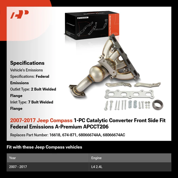 2007-2017 Jeep Compass 1-PC Catalytic Converter Front Side Fit Federal Emissions A-Premium APCCT206