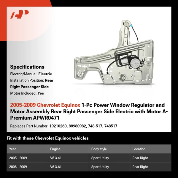2005-2009 Chevrolet Equinox 1-Pc Power Window Regulator and Motor Assembly Rear Right Passenger Side Electric with Motor A-Premium APWR0471