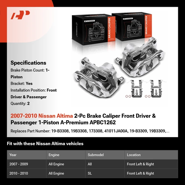 2007-2010 Nissan Altima 2-Pc Brake Caliper Front Driver & Passenger 1-Piston A-Premium APBC1262