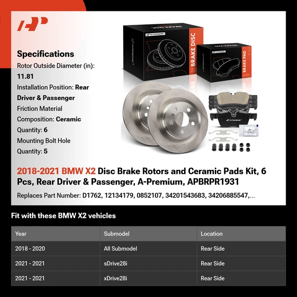 2018-2021 BMW X2 Disc Brake Rotors and Ceramic Pads Kit, 6 Pcs, Rear Driver & Passenger, A-Premium, APBRPR1931