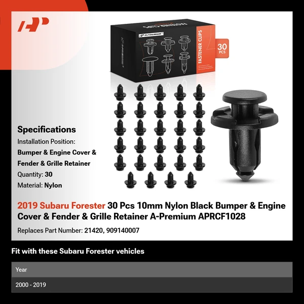 2019 Subaru Forester 30 Pcs 10mm Nylon Black Bumper & Engine Cover & Fender & Grille Retainer A-Premium APRCF1028