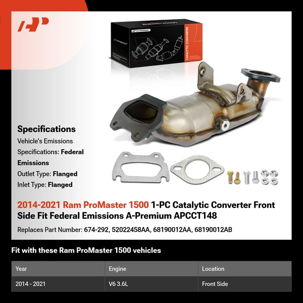 2014-2021 Ram ProMaster 1500 1-PC Catalytic Converter Front Side Fit Federal Emissions A-Premium APCCT148