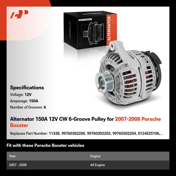 Alternator 150A 12V CW 6-Groove Pulley for 2007-2008 Porsche Boxster