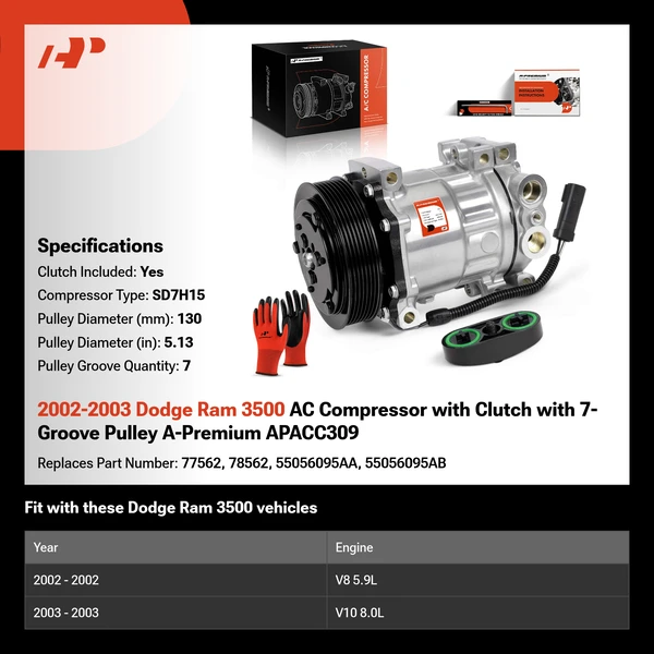 2002-2003 Dodge Ram 3500 AC Compressor with Clutch with 7-Groove Pulley A-Premium APACC309