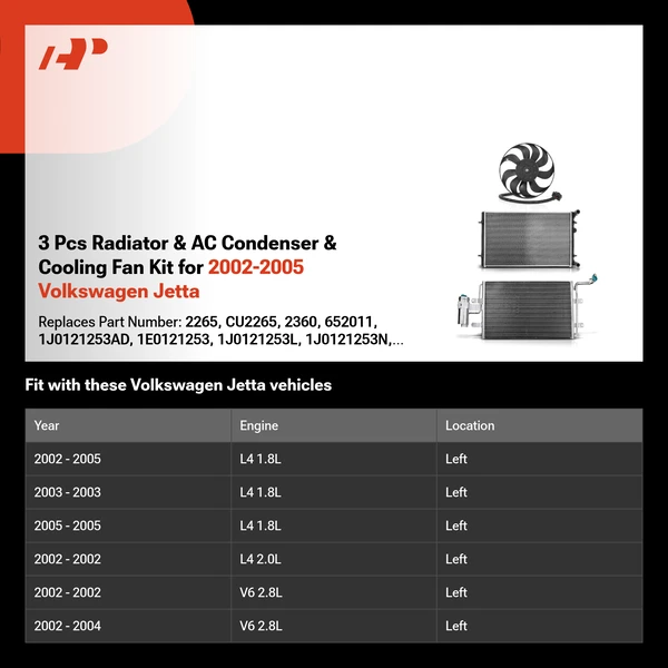 3 Pcs Radiator & AC Condenser & Cooling Fan Kit for 2002-2005 Volkswagen Jetta